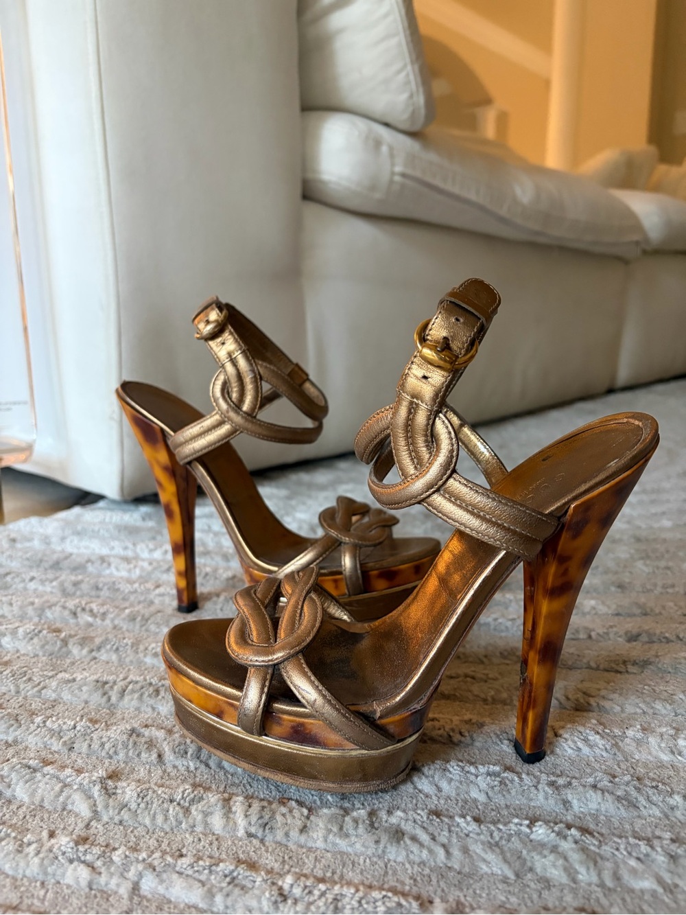 Gucci Metallic Gold Knot-Strap Platform Heels with Tortoiseshell Heel